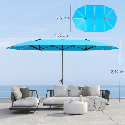 Outsunny dubbele parasol met solarlampen, aluminium, polyester, UPF50+ bescherming, UV-bestendig, terrasparasol, blauw