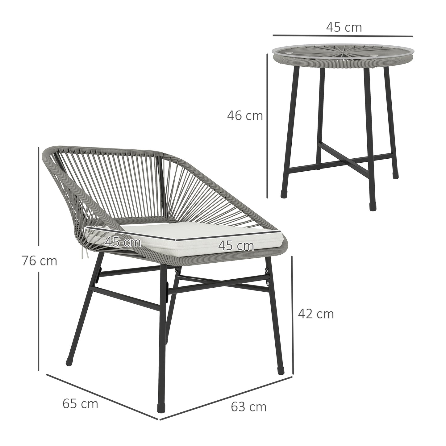 Outsunny 3-delige tuinmeubelset, 1 tafel, 2 stoelen, rotan vlechtwerk, stalen frame, salontafel met glazen blad, donkergrijs