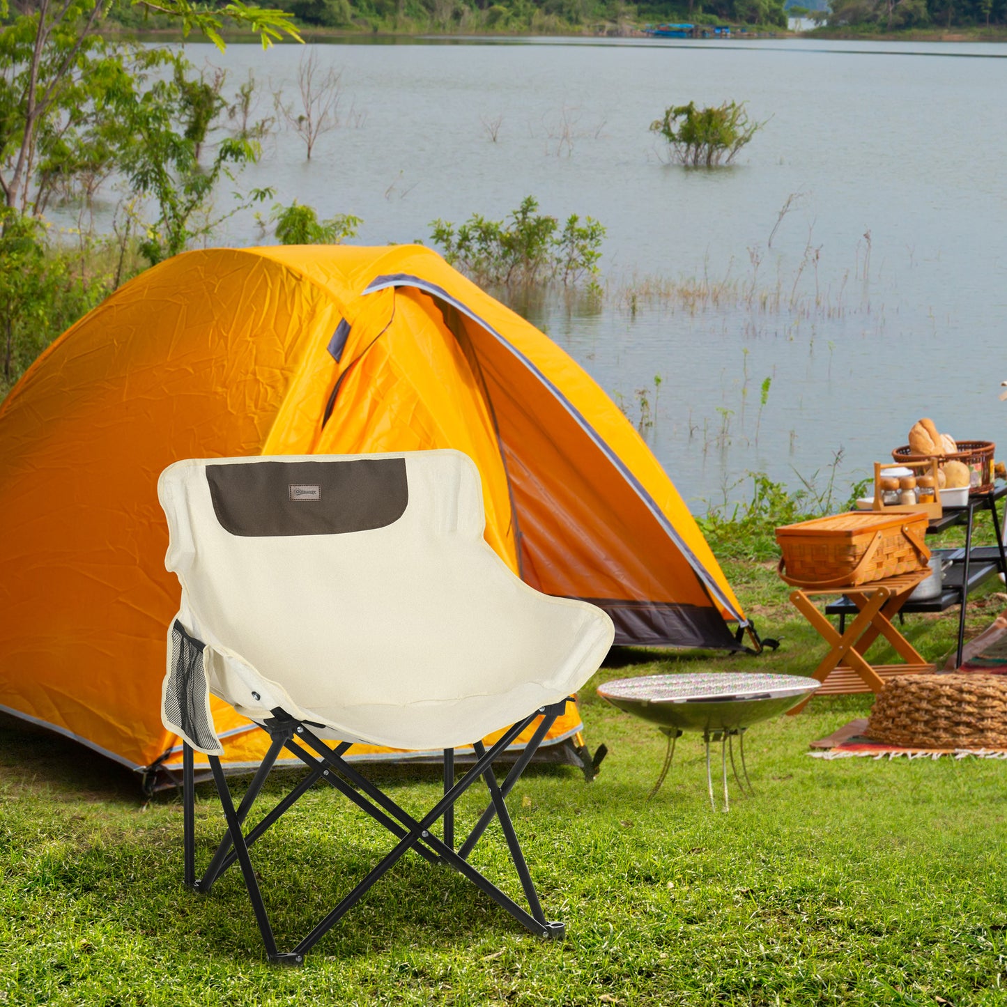 Outsunny Campingstoel, opvouwbaar, stalen frame, stoffen zitting, draagtas, wit