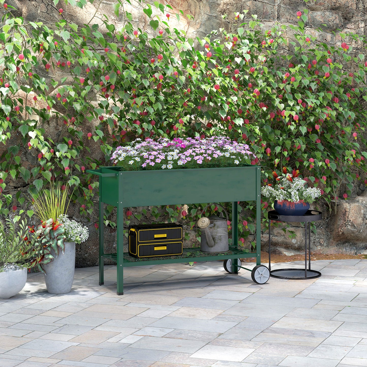 Outsunny Verhoogd Tuinbed, Plantenbak, 1 Plank, 2 Wielen, 109 cm x 44 cm x 80 cm, Groen