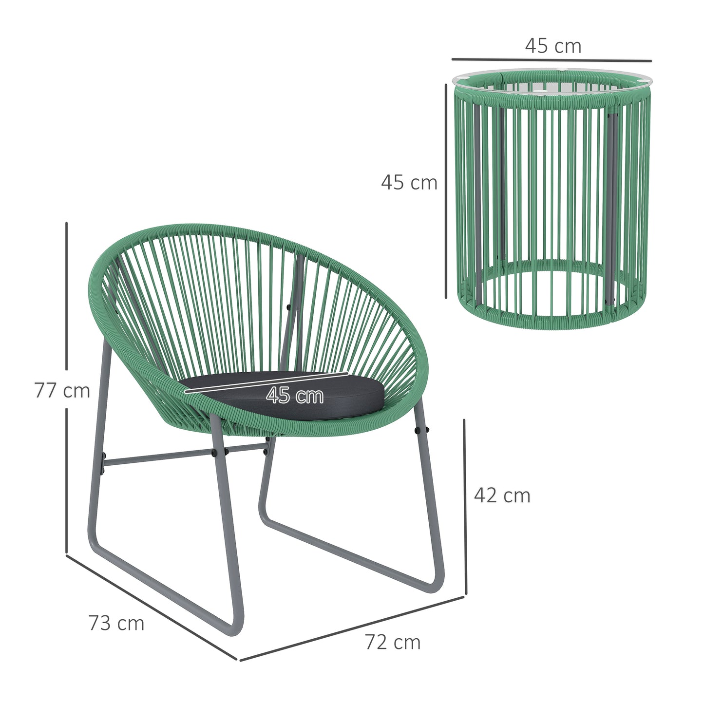 Outsunny 3-delige tuinmeubelset, 1 tafel, 2 stoelen, glazen tafelblad, kunststof rotan rond stalen frame, zachte kussens, groen