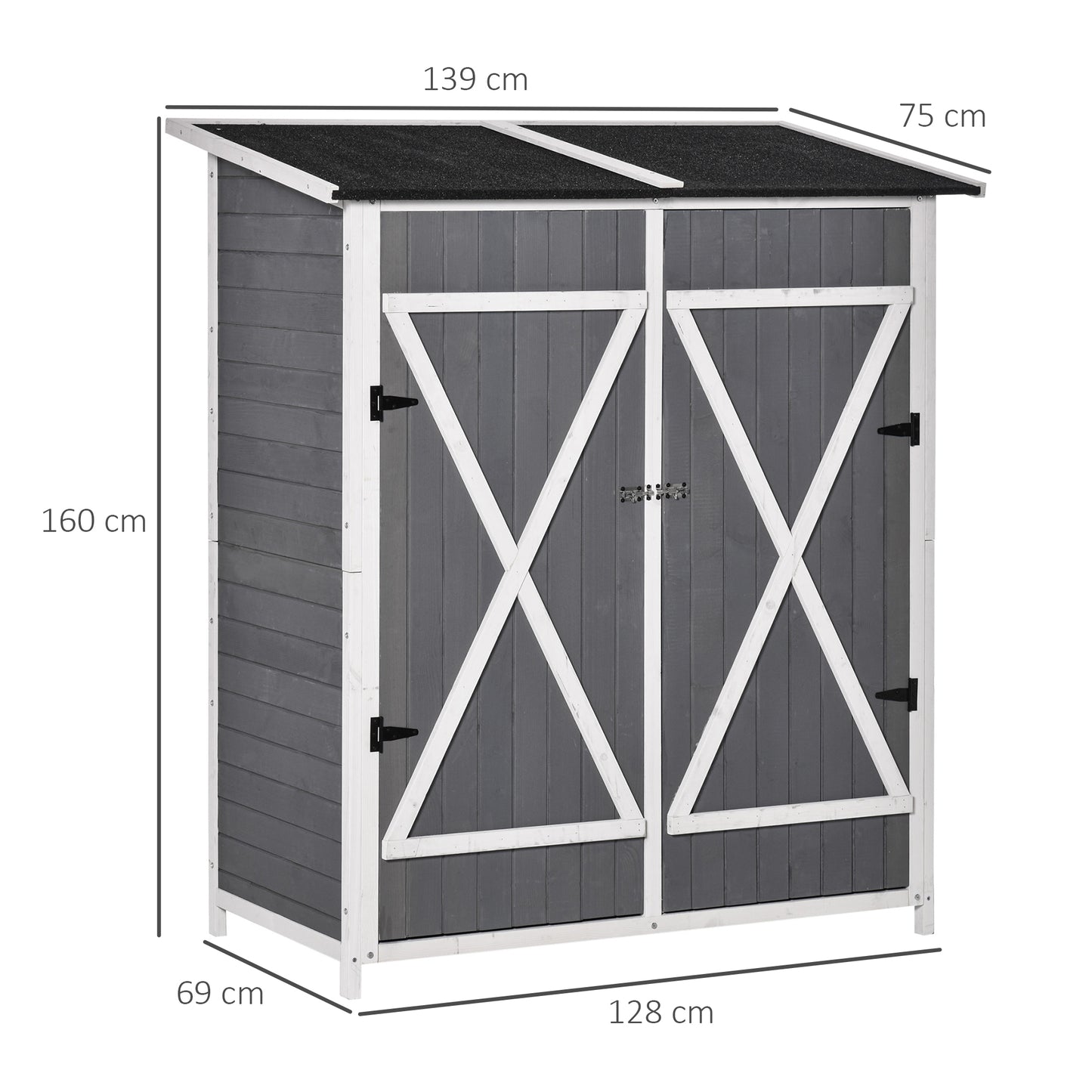 Outsunny Tuinhuis/Gereedschapsschuur met 2 deuren, Gereedschapskast met asfalt dak, Anti-dump ontwerp met grondpennen, Dennenhout, Grijs+Wit, 139 x 75 x 160 cm