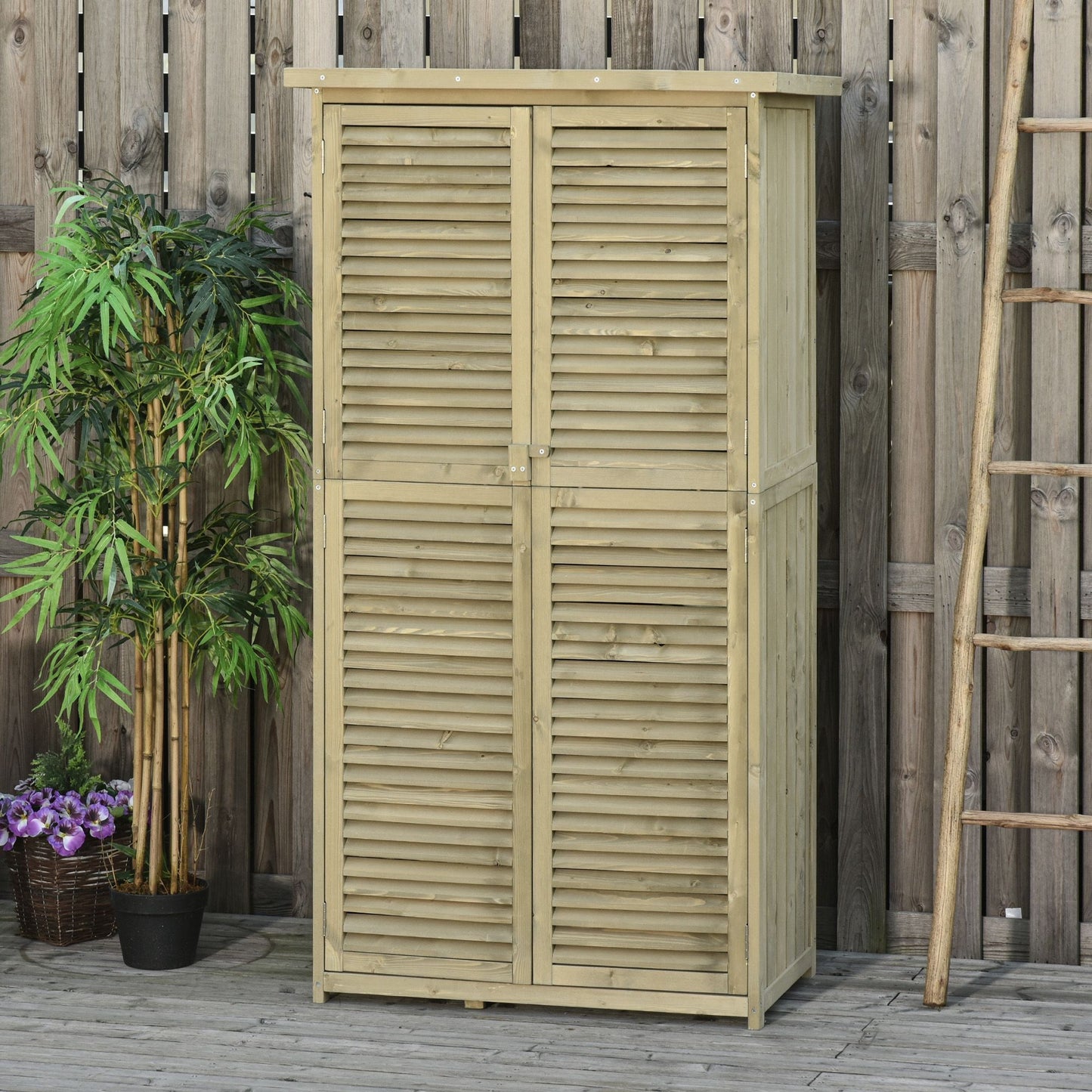 Outsunny houten tuinhuis/gereedschapsschuur met asfalt dak, louvredeur, 4 compartimenten, grijs, 87 x 46,5 x 160 cm
