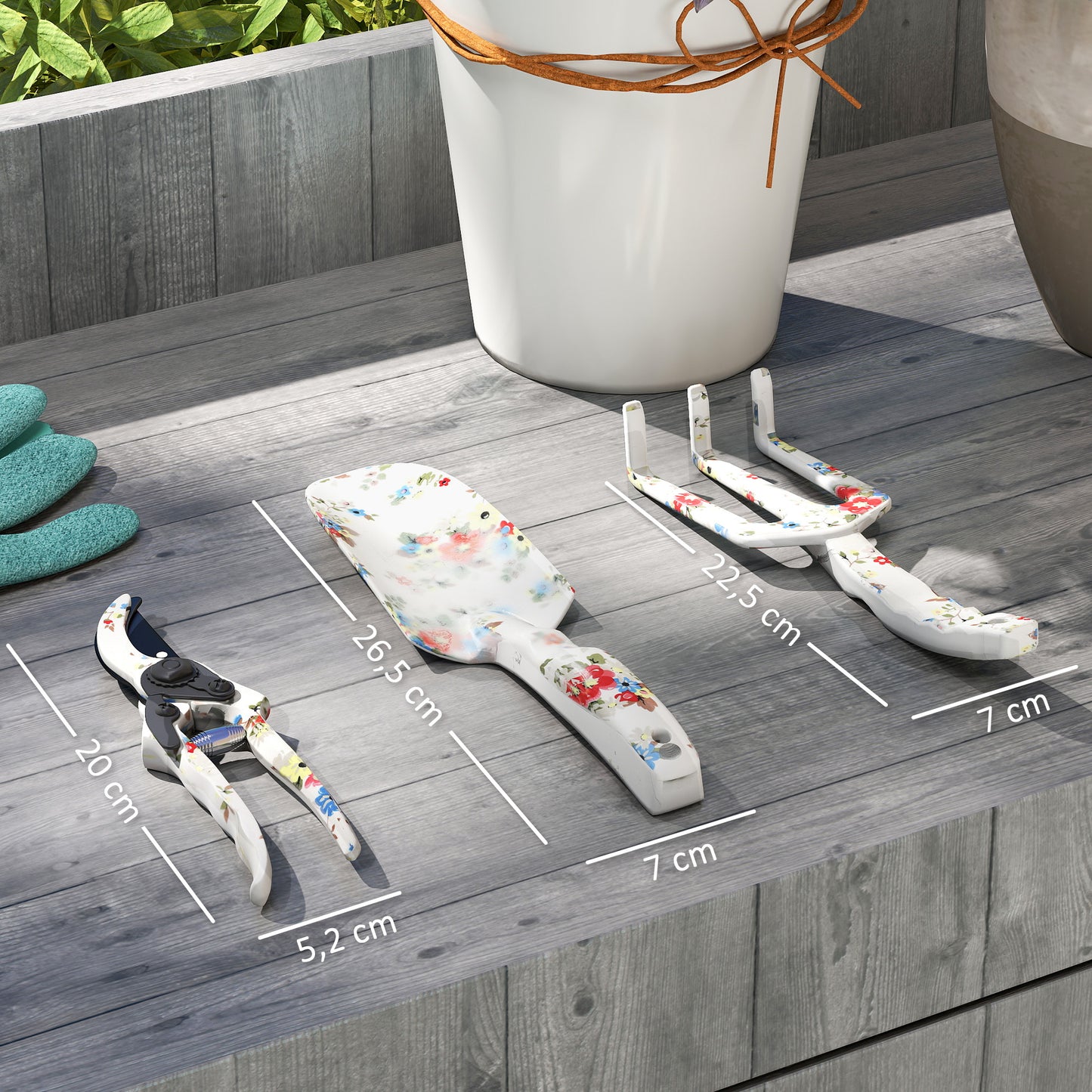 Outsunny Tuingereedschapset, 3-delige metalen tuingereedschapset met troffel, handhark en tuinschaar