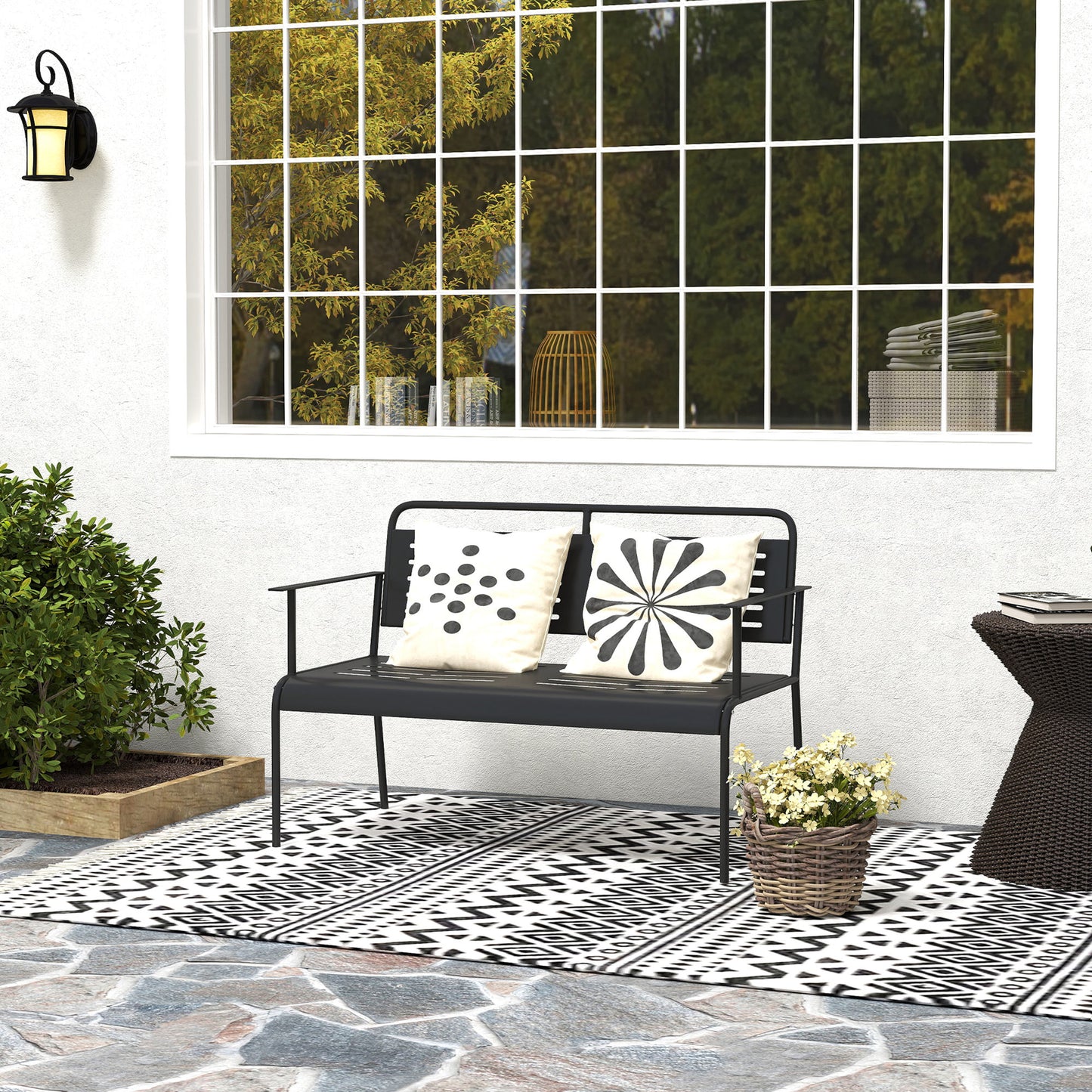 Outsunny -zits tuinbank, weerbestendige bank, waterafstotend tuinmeubel met rugleuning en armleuningen, 121 x 64 x 84 cm, zwart