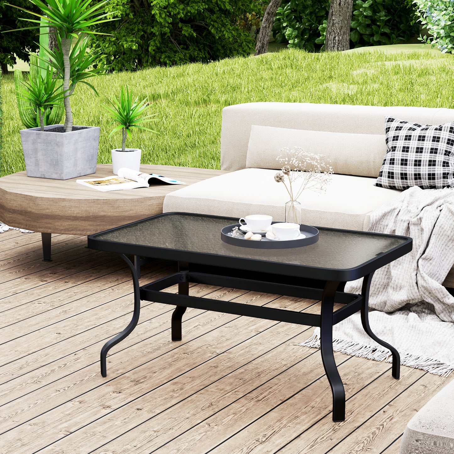 Outsunny Bijzettafel Gehard Glazen Salontafel met Golfmotief, Afgeronde Hoek Balkontafel 95x55 cm Zwart