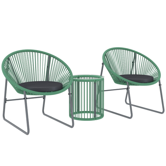 Outsunny 3-delige tuinmeubelset, 1 tafel, 2 stoelen, glazen tafelblad, kunststof rotan rond stalen frame, zachte kussens, groen