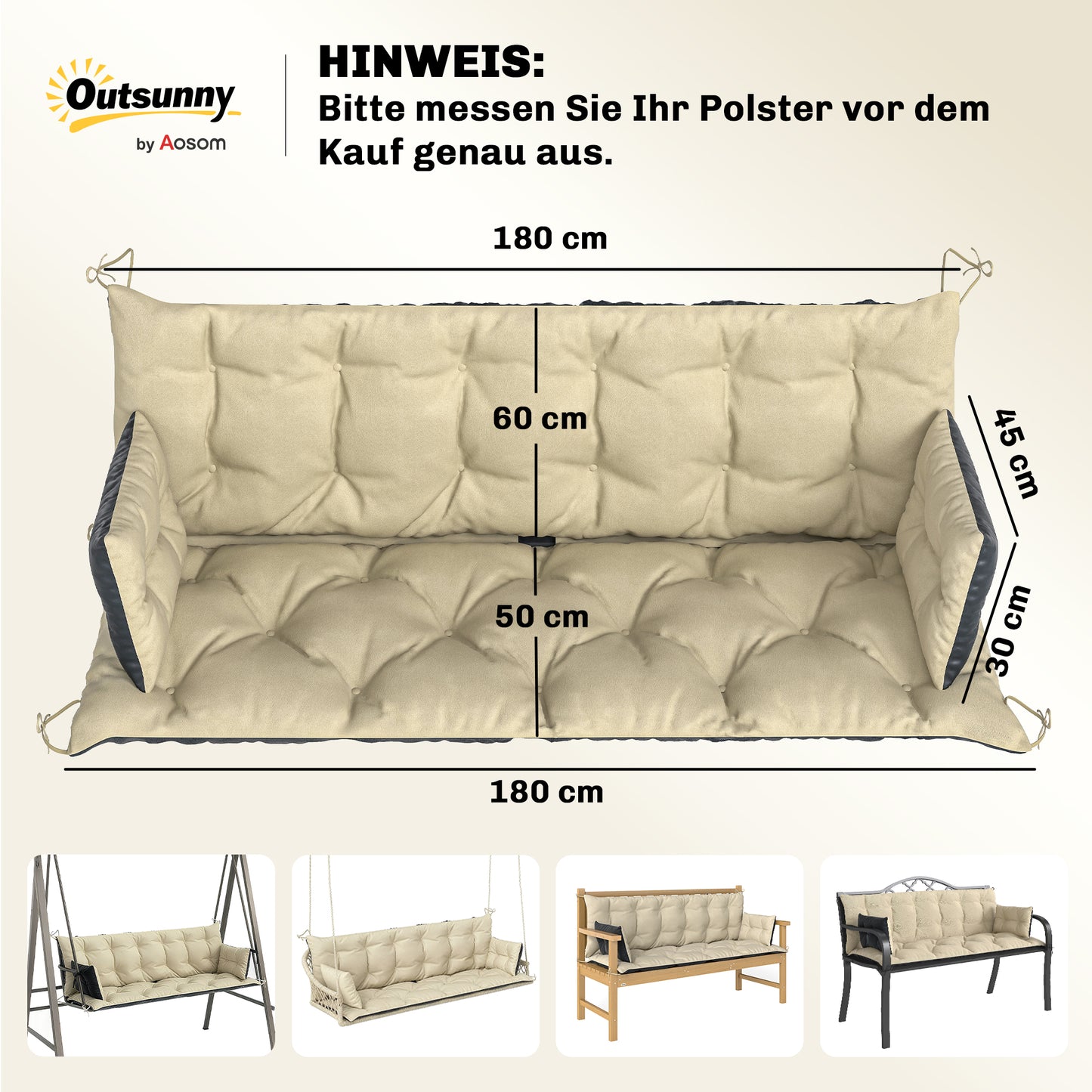 Outsunny Outdoor Kussenset voor Bank of Hollywood Schommel, Tweekleurig, Polyester, Schuim, 180 x 110 x 8 cm, Beige+Zwart