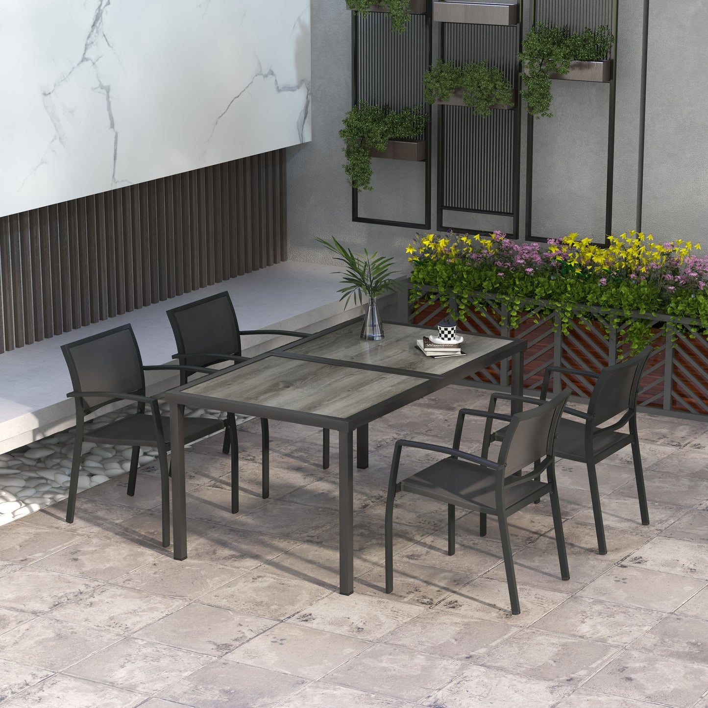Outsunny tuinmeubelset, tuinzitgroep, 1 tafel, 4 stoelen, 150 x 87 x 72 cm, grijs
