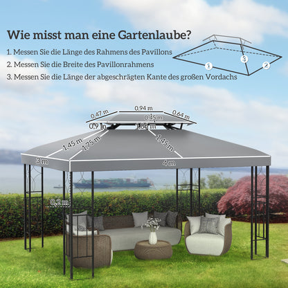 Outsunny Vervangend Dak voor 3x4m Metalen Gazebo, Waterafstotend, Dubbel Dak, Vervangende Hoes voor Tuingazebo, Partytent, Tuintent, Polyester, Lichtgrijs