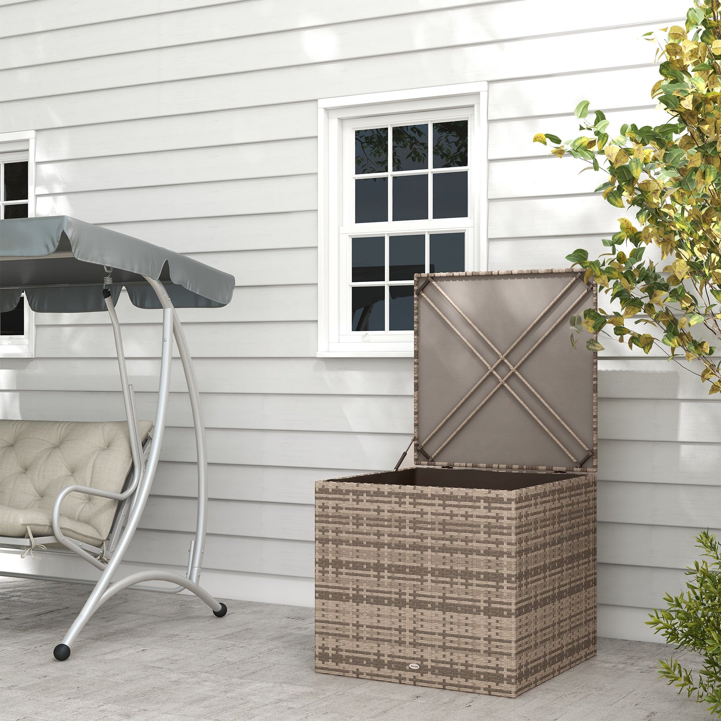 Outsunny polyrattan opbergbox, stoffen voering, eenvoudig te openen/sluiten, metalen frame, 75B x 75D x 70H cm, zwart