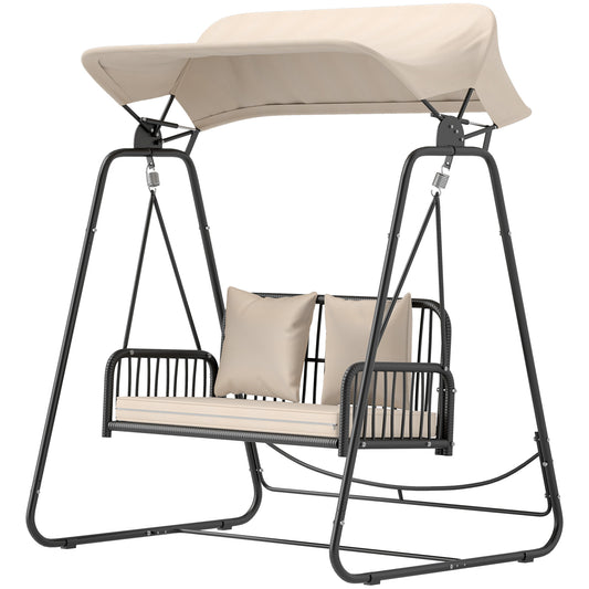 Outsunny Hollywood Swing Rattan 2-zits tuinschommel met zonnekap en kussens, tot 240 kg, 149 x 121 x 180 cm, Khaki