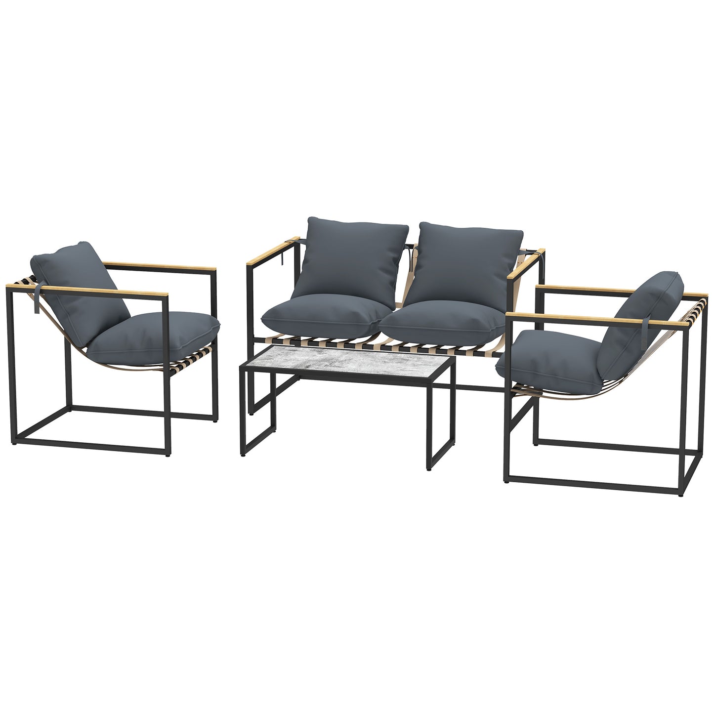 Outsunny 4-delige tuinmeubelset, tuinset, 2 fauteuils, 2-zitsbank, 1 tafel, gestoffeerd, staal, polyester, grijs