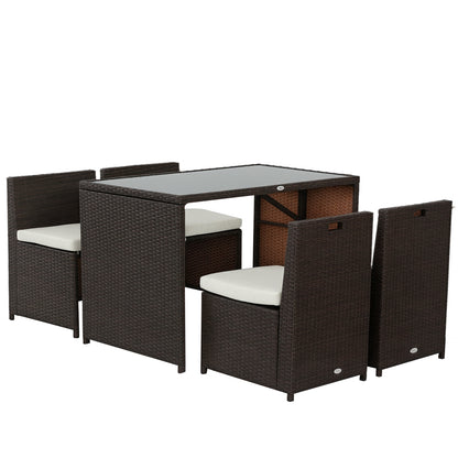 Outsunny 5-delige polyrotan tuinmeubelset, weerbestendig balkonmeubilair voor 4 personen, tuinmeubilair met tafel, 4 stoelen, kussens, loungeset, eetset, zitgroep voor balkon, tuin, bruin+khaki