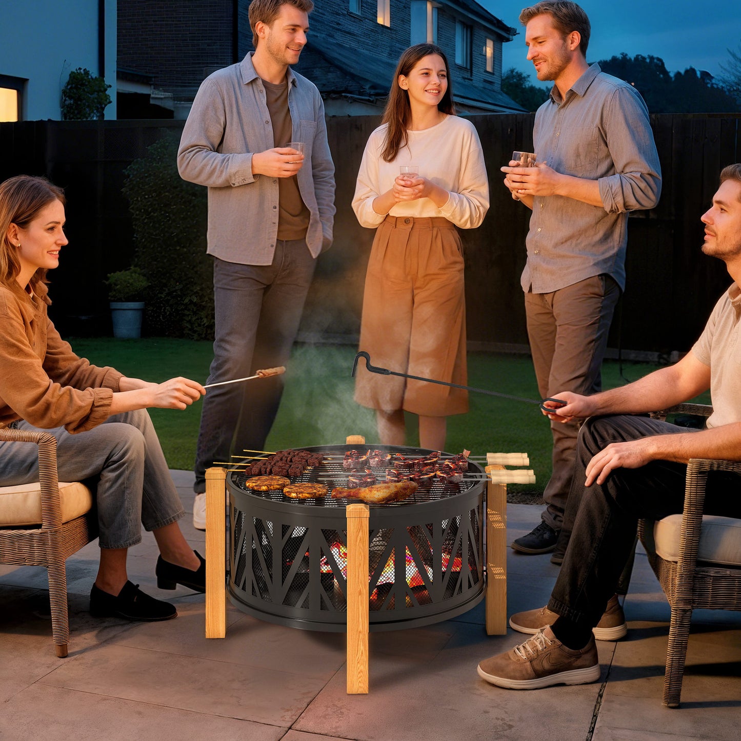 Outsunny 2-in-1 vuurschaal Ø75 x 58 cm vuurkorf met vonkenscherm, pook, grillrooster, zwart