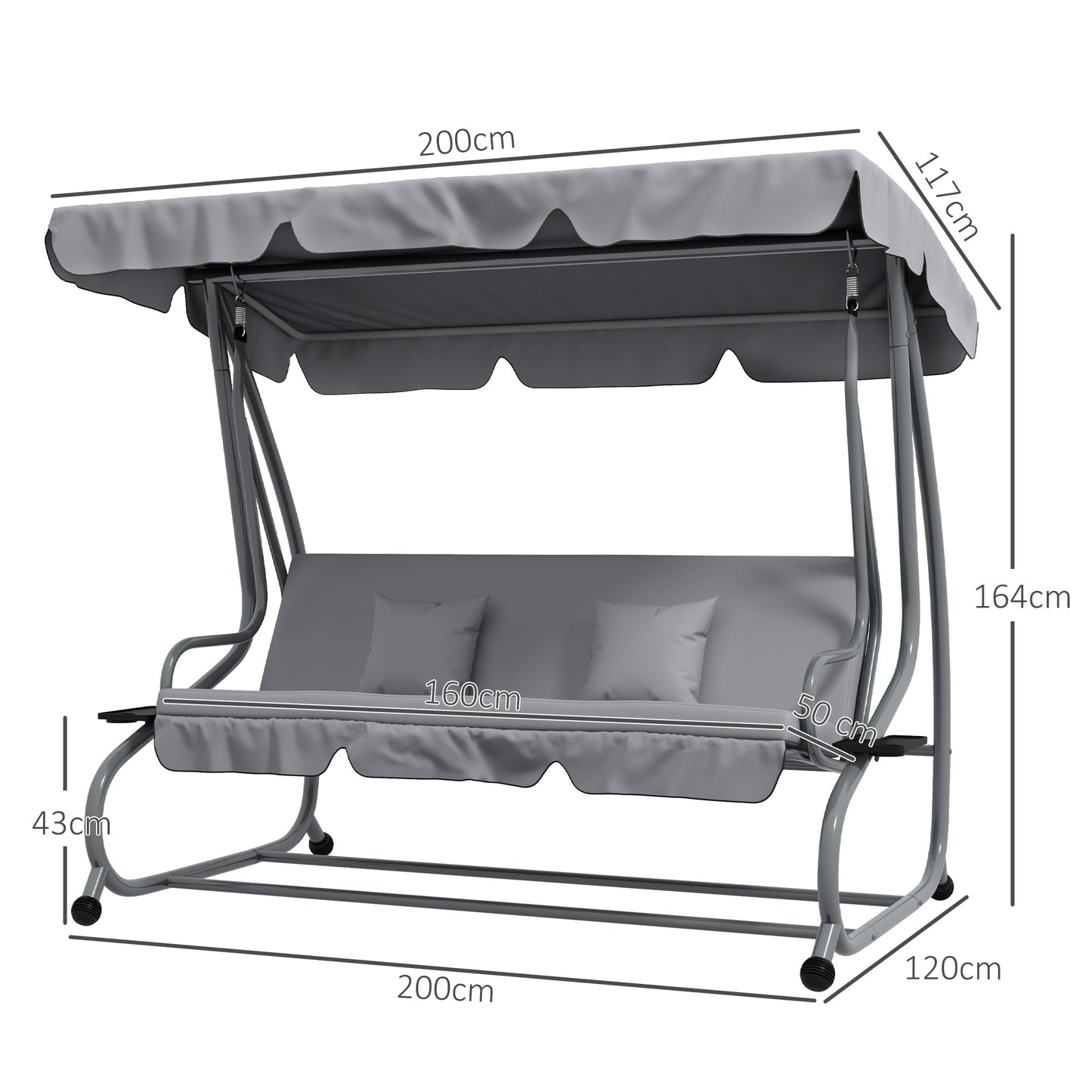 Outsunny 2-in-1 Hollywood schommel met ligfunctie, verstelbare kap, tot 340 kg, staal, 200x120x164 cm, grijs