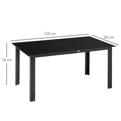 Outsunny tuintafel voor 6 personen, weerbestendig, gehard glas, terrastafel, 150 cm x 90 cm x 74 cm, zwart