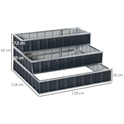 Outsunny stalen verhoogde tuinbak, 3-laags, met T-vormige plantenlabels, handschoenen, plantenbak, kruidenbak, bloementrap voor balkon, tuin, donkergrijs, 118 x 118 x 62 cm