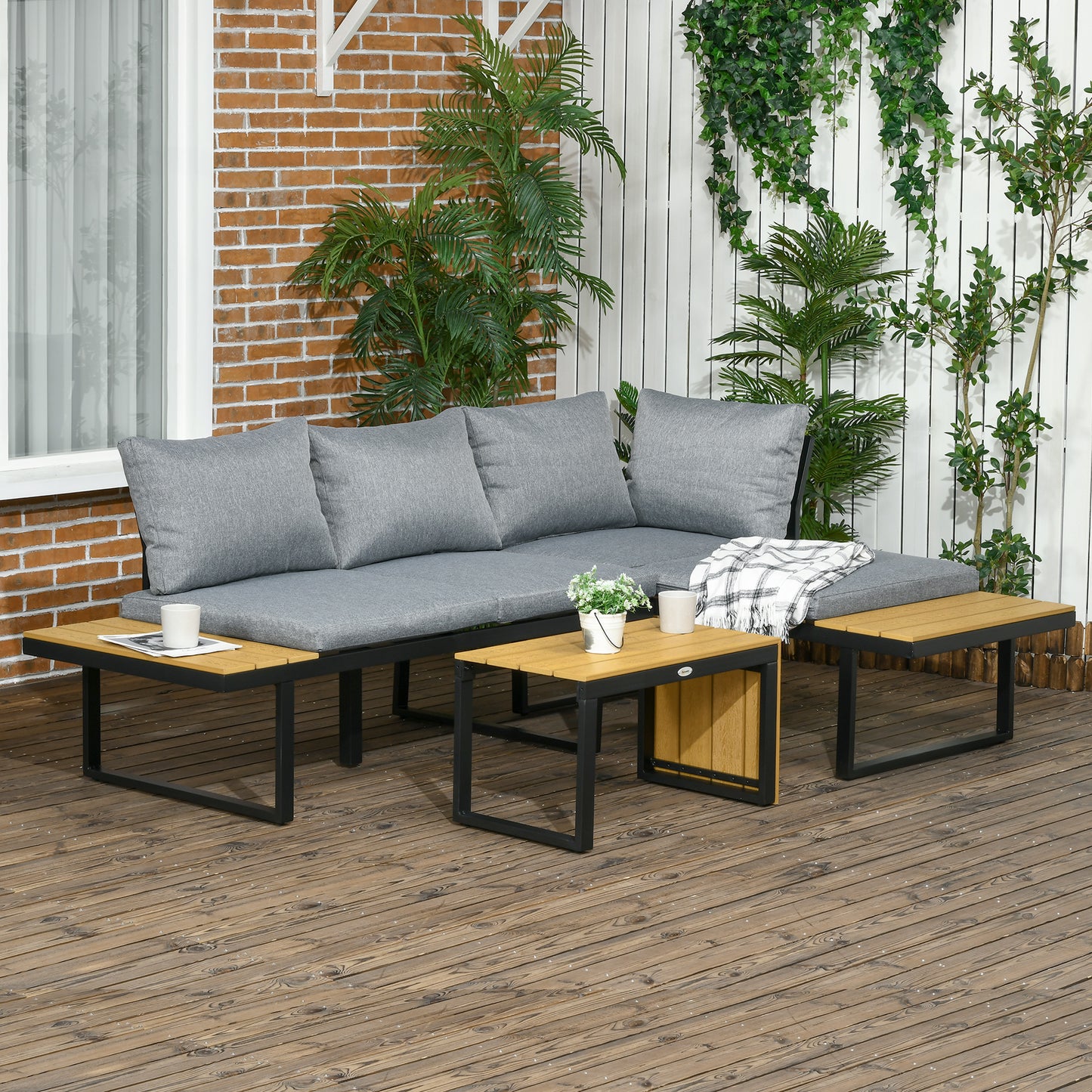 Outsunny 3-persoons tuinmeubelset, balkonmeubel met zitkussens, aluminium frame, houtlook, donkergrijs+naturel