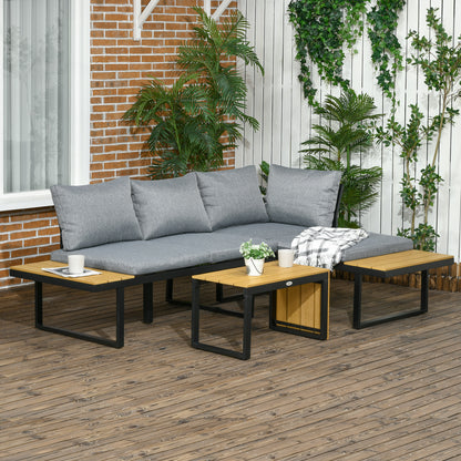 Outsunny 3-persoons tuinmeubelset, balkonmeubel met zitkussens, aluminium frame, houtlook, donkergrijs+naturel