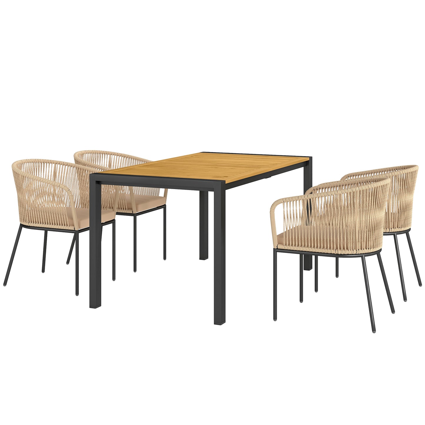 Outsunny 5-delige tuinset, 4 stoelen, 1 tafel, kunstrotan, stalen frame, wasbare kussens, voor terras, kaki