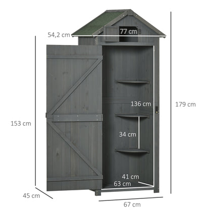 Outsunny houten tuinhuis, weerbestendige gereedschapsschuur 77x54,2x179cm, tuinhuis met deur, zadeldak, gereedschapskast met planken, tuinschuur voor tuin, terras, grijs + groen