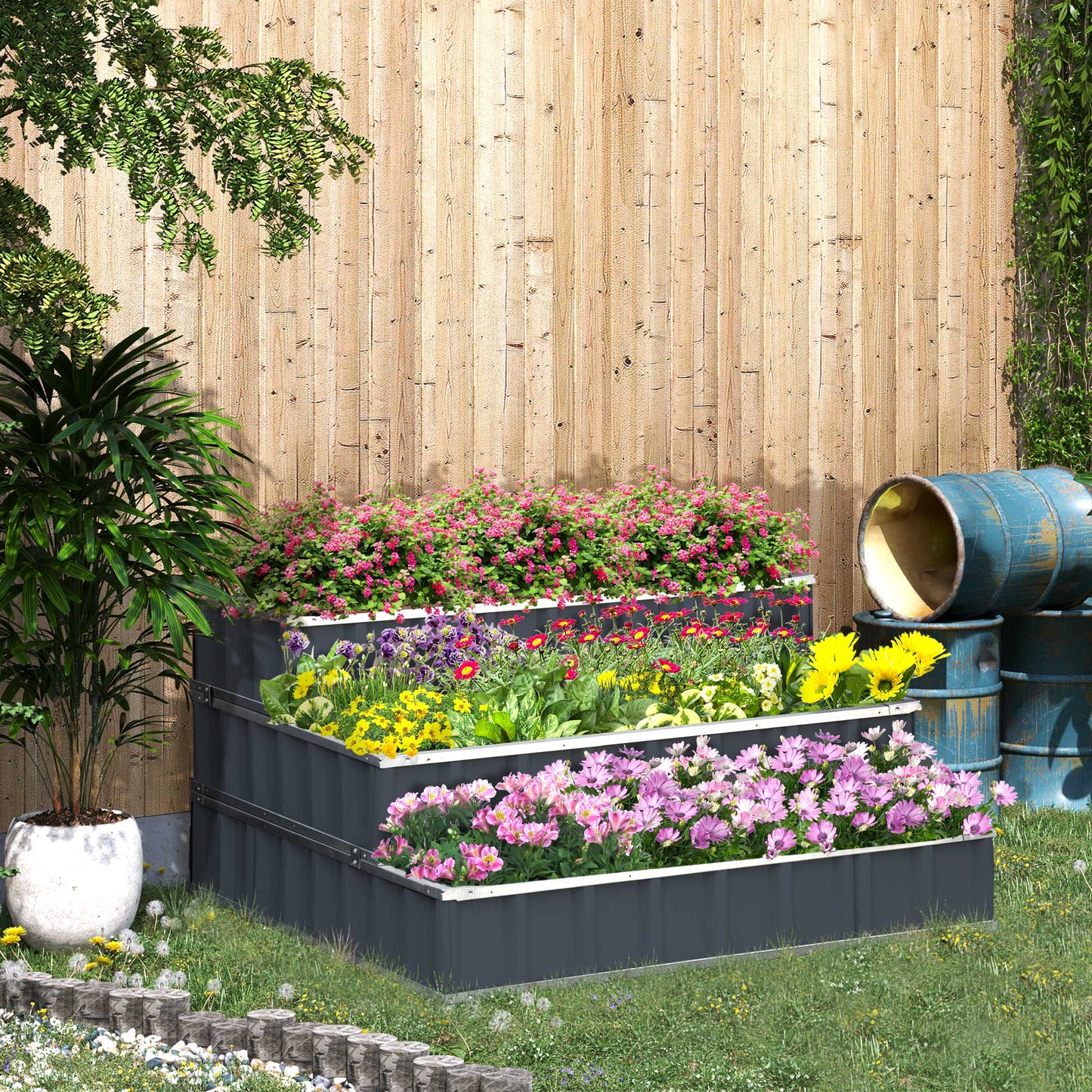 Outsunny stalen verhoogde tuinbak, 3-laags, met T-vormige plantenlabels, handschoenen, plantenbak, kruidenbak, bloementrap voor balkon, tuin, donkergrijs, 118 x 118 x 62 cm