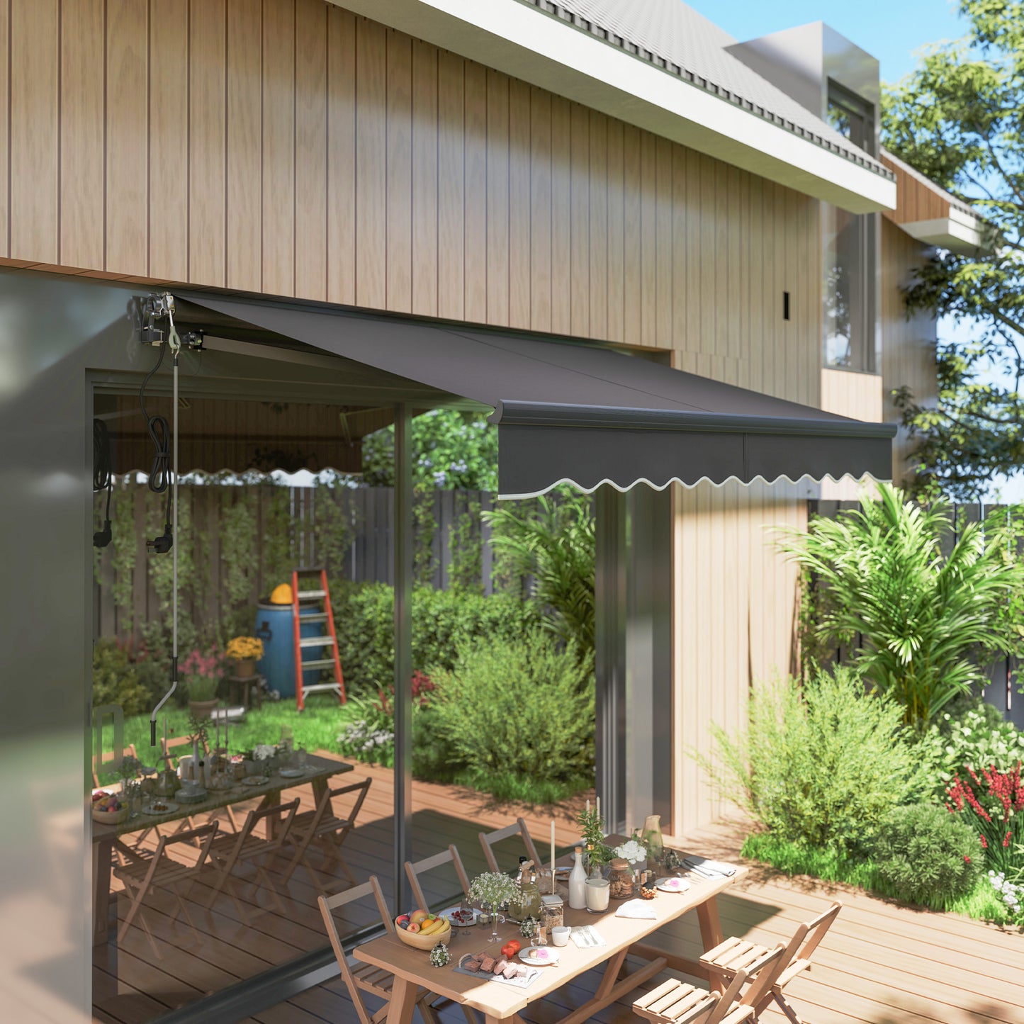 Outsunny klemzonnescherm met handzwengel, elektrisch in hoogte verstelbaar, knikarmzonnescherm, 300 cm breed, donkergrijs