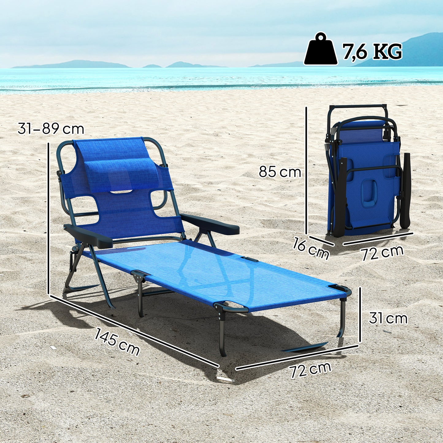 Outsunny Ligstoel Tuinligstoel Relaxligstoel, opvouwbaar, weerbestendig, 194 cm x 72 cm x 31 cm, Zwart + Donkerblauw