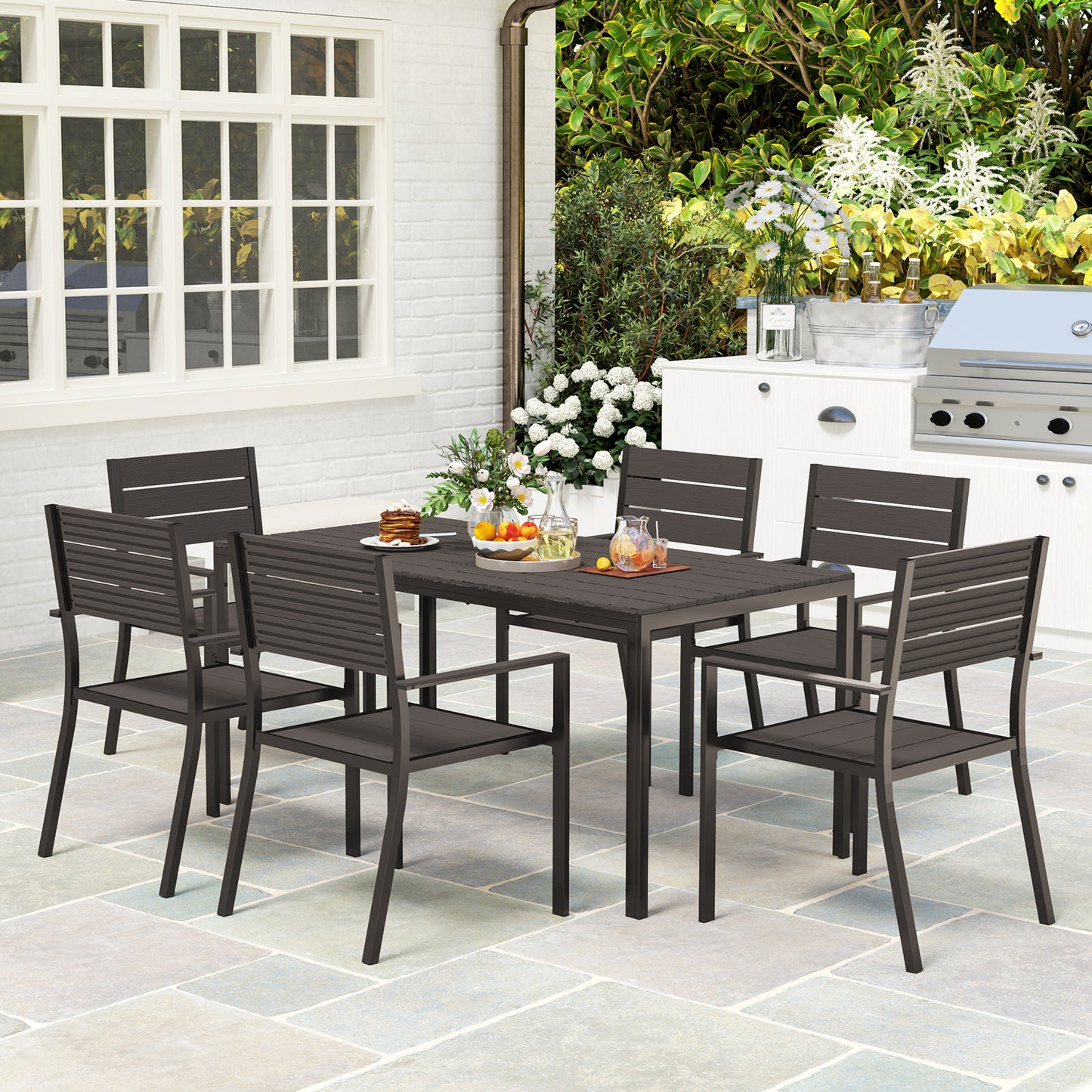 Outsunny 7-delige eetset voor 6 personen, eettafel met 6 stoelen, gleuftafel, donkerbruin