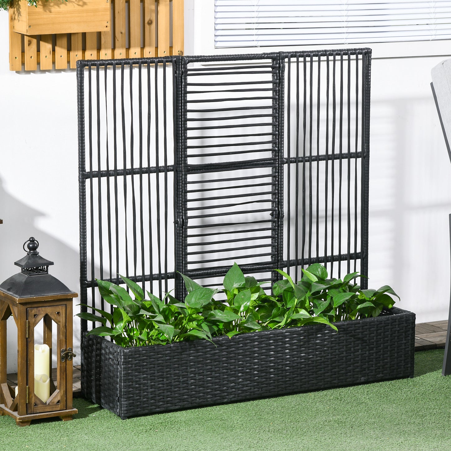 Outsunny bloembak met trellis, weerbestendig, polyrotan, 103 x 103 x 29 cm, zwart