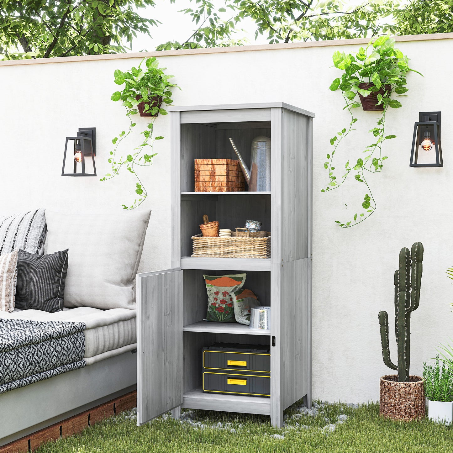 Outsunny tuinhuis met schuurdeur, verstelbare planken, slank design, dennenhout, lichtgrijs