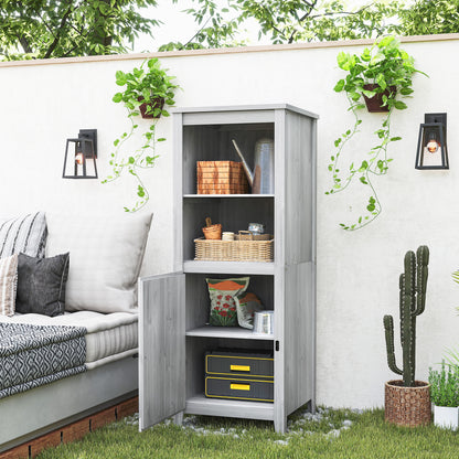 Outsunny tuinhuis met schuurdeur, verstelbare planken, slank design, dennenhout, lichtgrijs