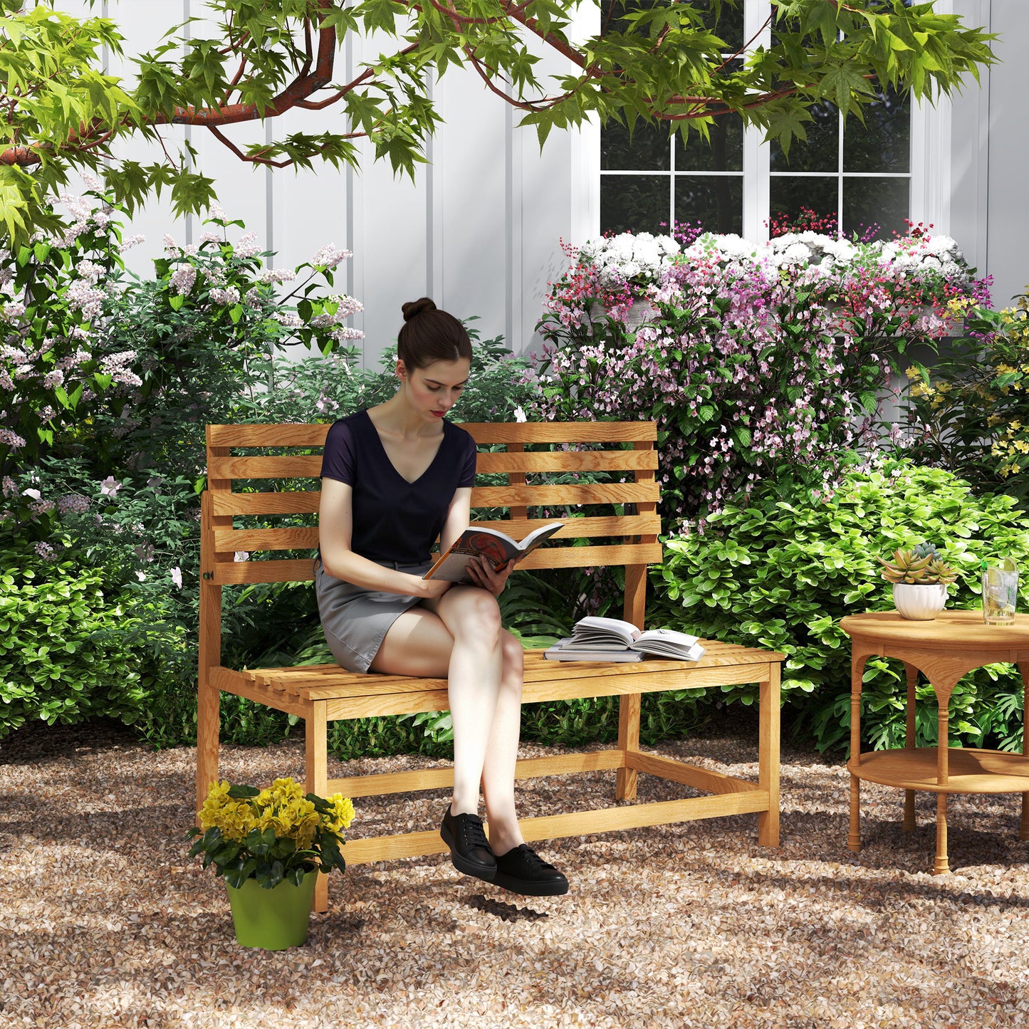Outsunny 2-zits houten tuinbank, weerbestendig, UV-bestendig tuinmeubel met omkeerbare rugleuningen, 110x61x89cm, teak