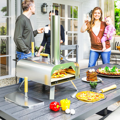 Outsunny Outdoor Pizza Oven, Draagbare Pizza Oven met Pizzasteen en Schop, Opvouwbare Poten, Schoorsteen, Roestvrij Staal