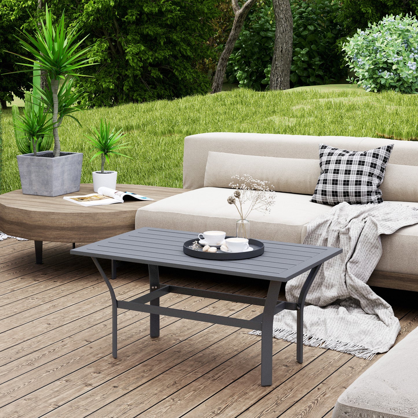 Outsunny Metalen bijzettafel, balkontafel met lattenbodem, weerbestendig, salontafel, tuintafel, 91,5 x 55 x 45 cm, donkergrijs