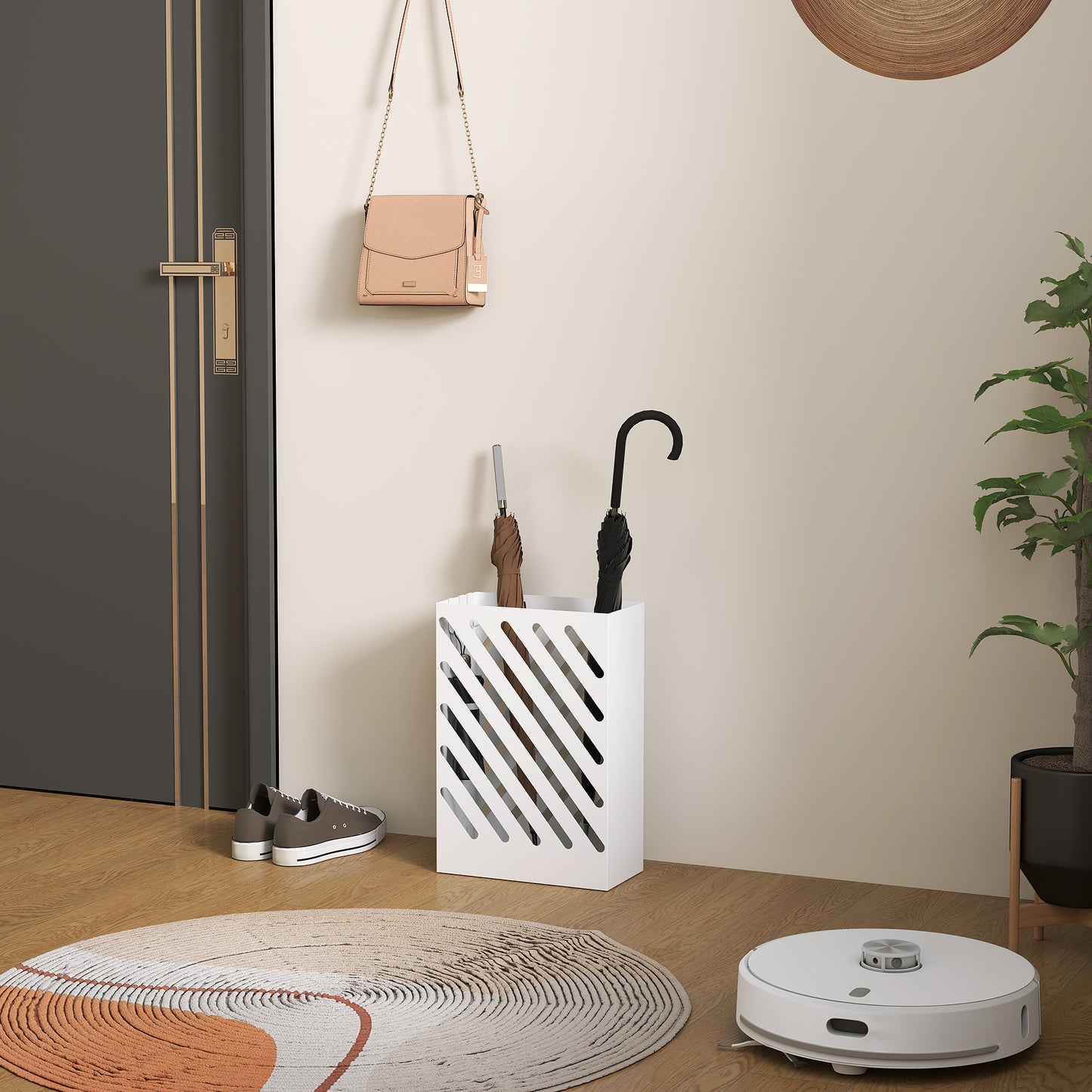 HOMCOM Paraplubak met lekbak, 4 haken, staal, 28L x 14B x 41H cm, wit