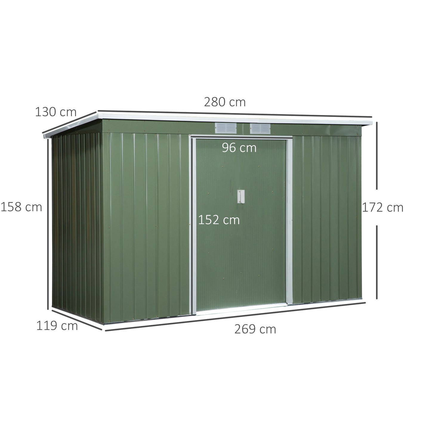 Outsunny Metalen Tuinhuis 6,3 m³ 280x130x172 cm Gereedschapsschuur met lessenaarsdak, Schuifdeur, Weerbestendig Tuinhuis, Tuinhuis voor Buiten, Kast voor de Achtertuin, Buitenruimte, Antraciet, Lichtgroen