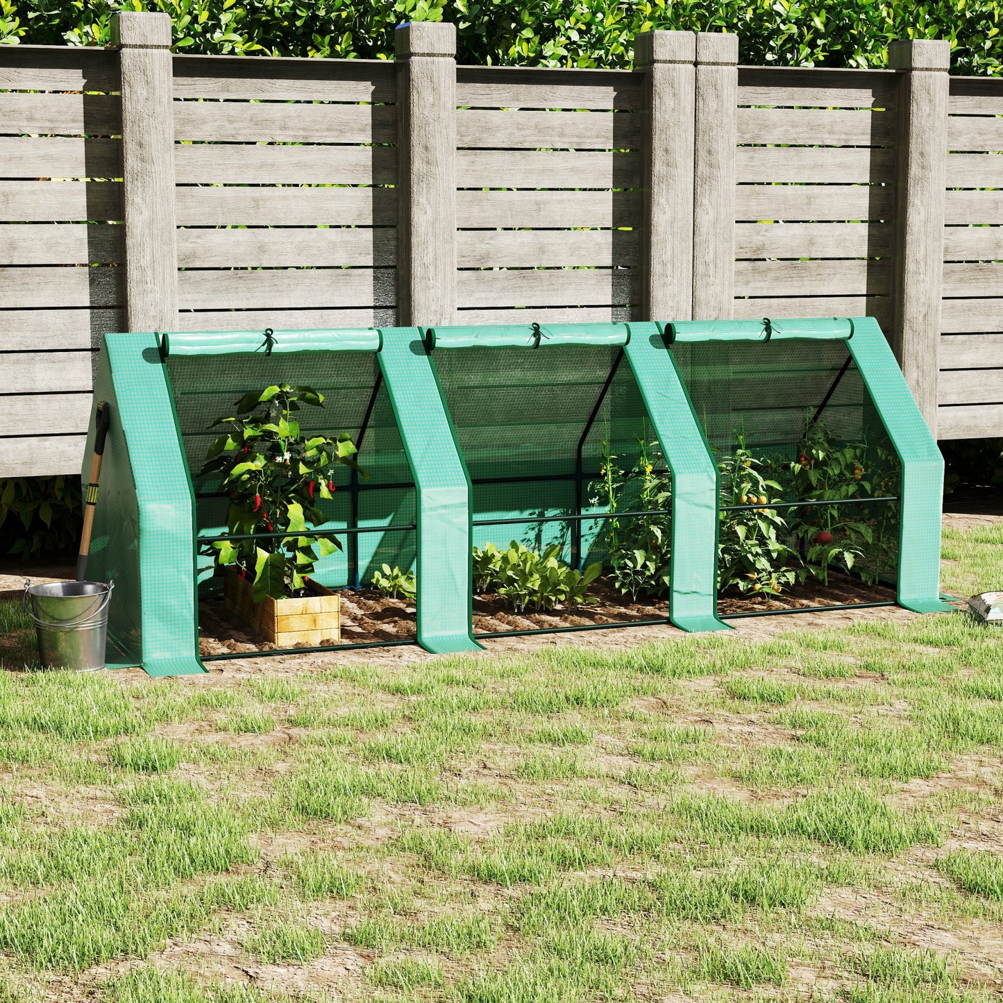 Outsunny kas met 3 oprolramen, PE-gaasfolie, stalen foliekas, kas voor balkon, tuin, tomatenkas 270x90x90cm, tomatenkas voor groenten, bloemen, planten, groen