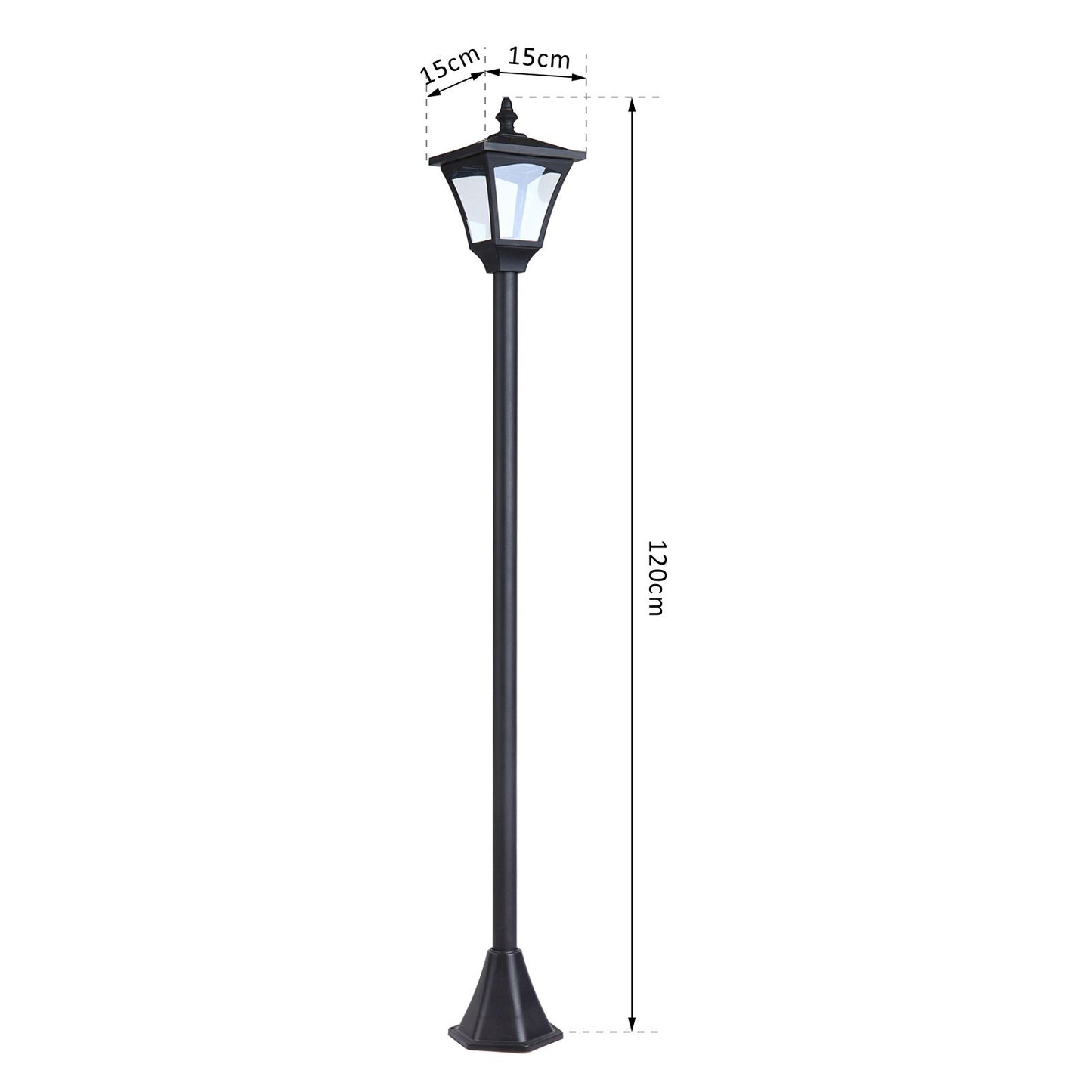 Outsunny LED Solar Tuinlantaarn, Staande Lamp van Roestvrij Staal, 120 cm Hoog, Windlicht, Buitenlamp, IP44, Solarlamp met Lichtsensor, 30 Lumen, Grondpen, Tuinlamp voor Tuin en Balkon, Zwart