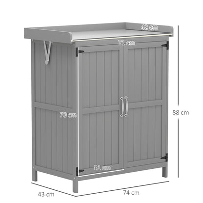 Outsunny tuinhuis, buitenschuur met werkblad, hout en roestvrij staal, dubbele deuren, grijs