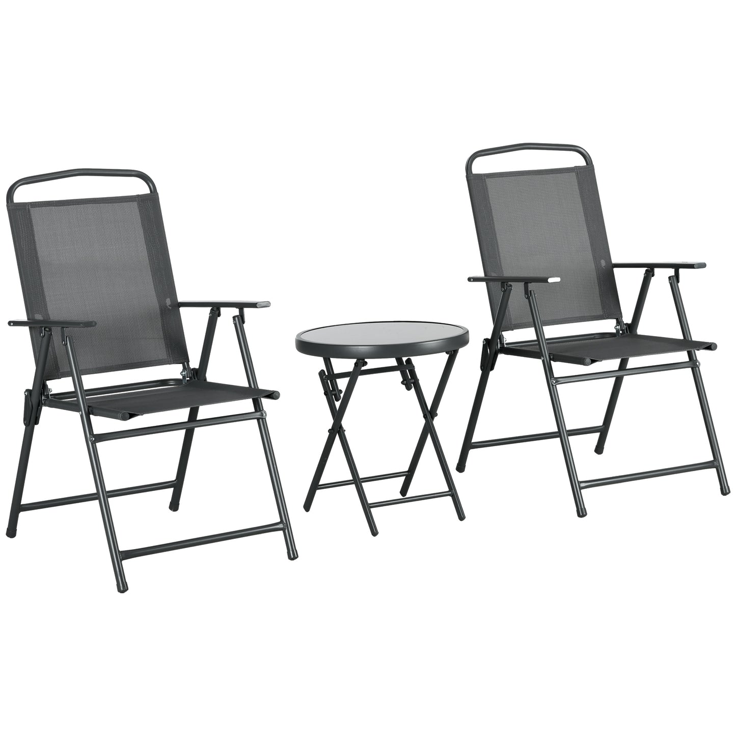 Outsunny Bistroset, 3-delige, metalen, weerbestendige tuinmeubelset met opvouwbare glazen tafel en tuinstoelen, donkergrijs