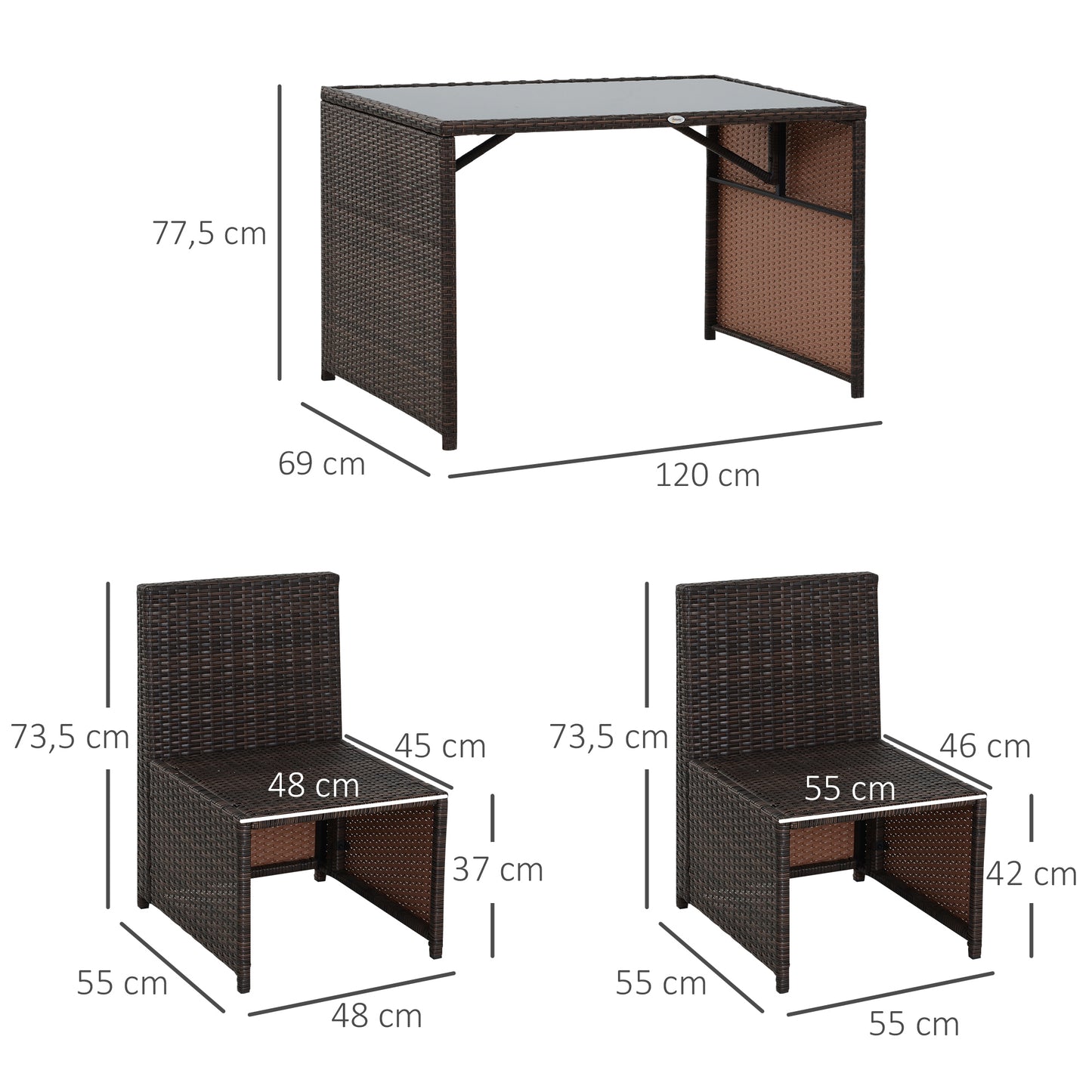 Outsunny 5-delige polyrotan tuinmeubelset, weerbestendig balkonmeubilair voor 4 personen, tuinmeubilair met tafel, 4 stoelen, kussens, loungeset, eetset, zitgroep voor balkon, tuin, bruin+khaki