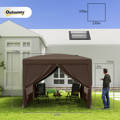 Outsunny 3 x 3 m paviljoen met 4 zijpanelen, raam, tent met UV-bescherming, tuintent inclusief draagtas, staal, koffie