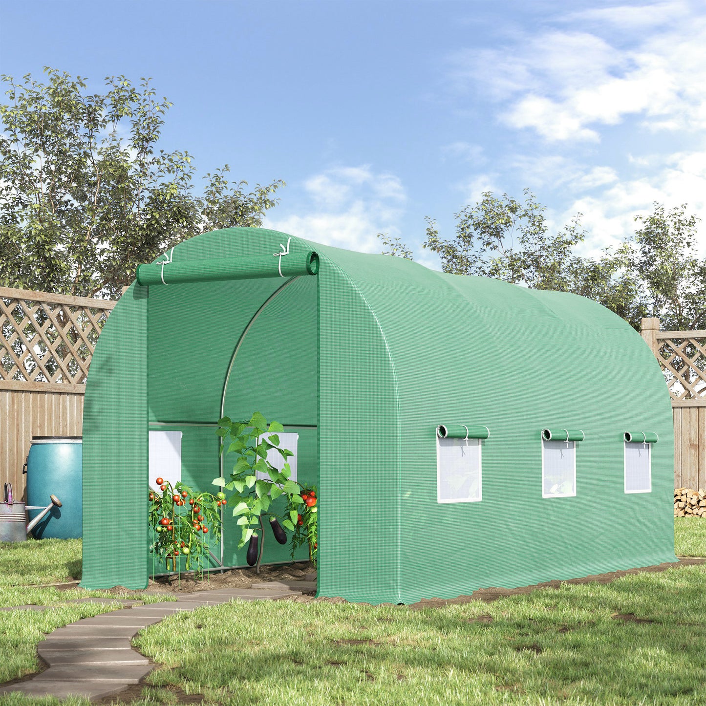 Outsunny Kas 445x190x200cm, Polytunnel Tomatenkas, Deur met Muggennet, Raam, Polytunnel van Gegalvaniseerd Staal, Stevige Planttunnel, Kas incl. Grondankers en Touwen, Groen