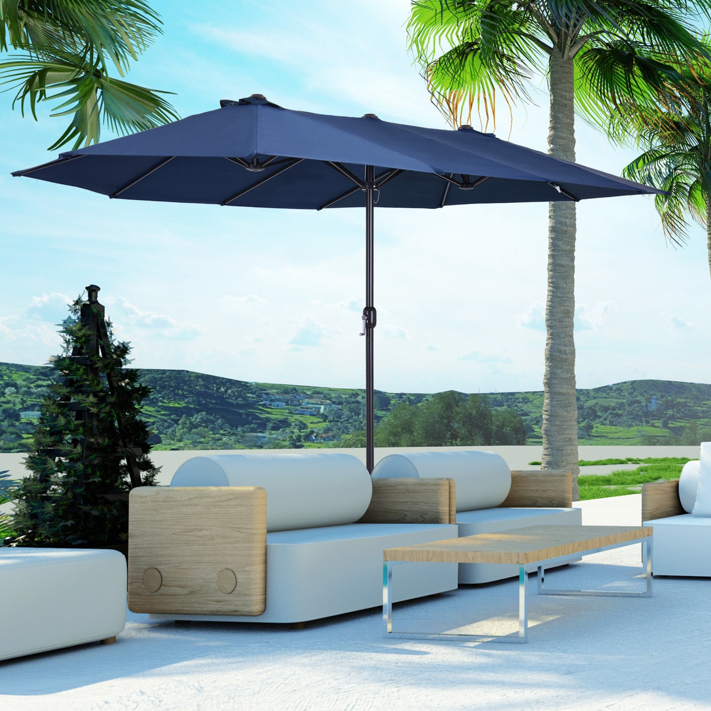 Outsunny Dubbele Parasol 455 x 270 cm Tuinparasol met Handzwengel, Ovaal, Stevig, Metalen Paal, Marktparasol, Dubbele Parasol, Terrasparasol, Zonwering voor Strand, Balkon, Terras, Tuin, Blauw