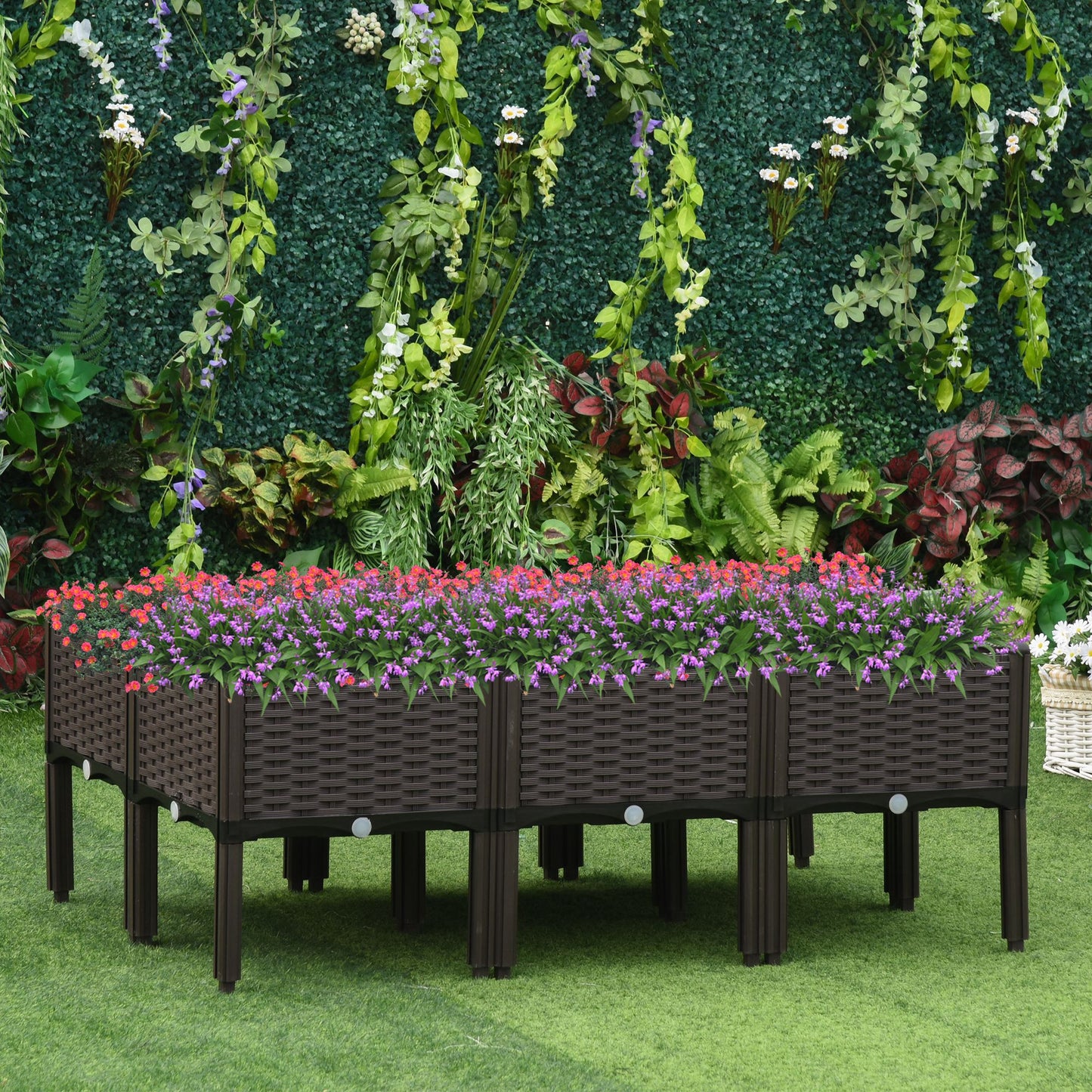 Outsunny Verhoogd Tuinbed, 6-delige Plantenbak met Afwateringsgaten, Bloembak met Rotanlook, DIY, Bruin, 40 x 40 x 44 cm