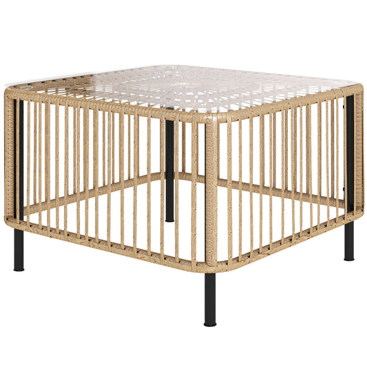 Outsunny polyrotan tuintafel, 65 x 65 x 43 cm, weerbestendige bijzettafel, vierkant met glazen blad, natuurlijk hout
