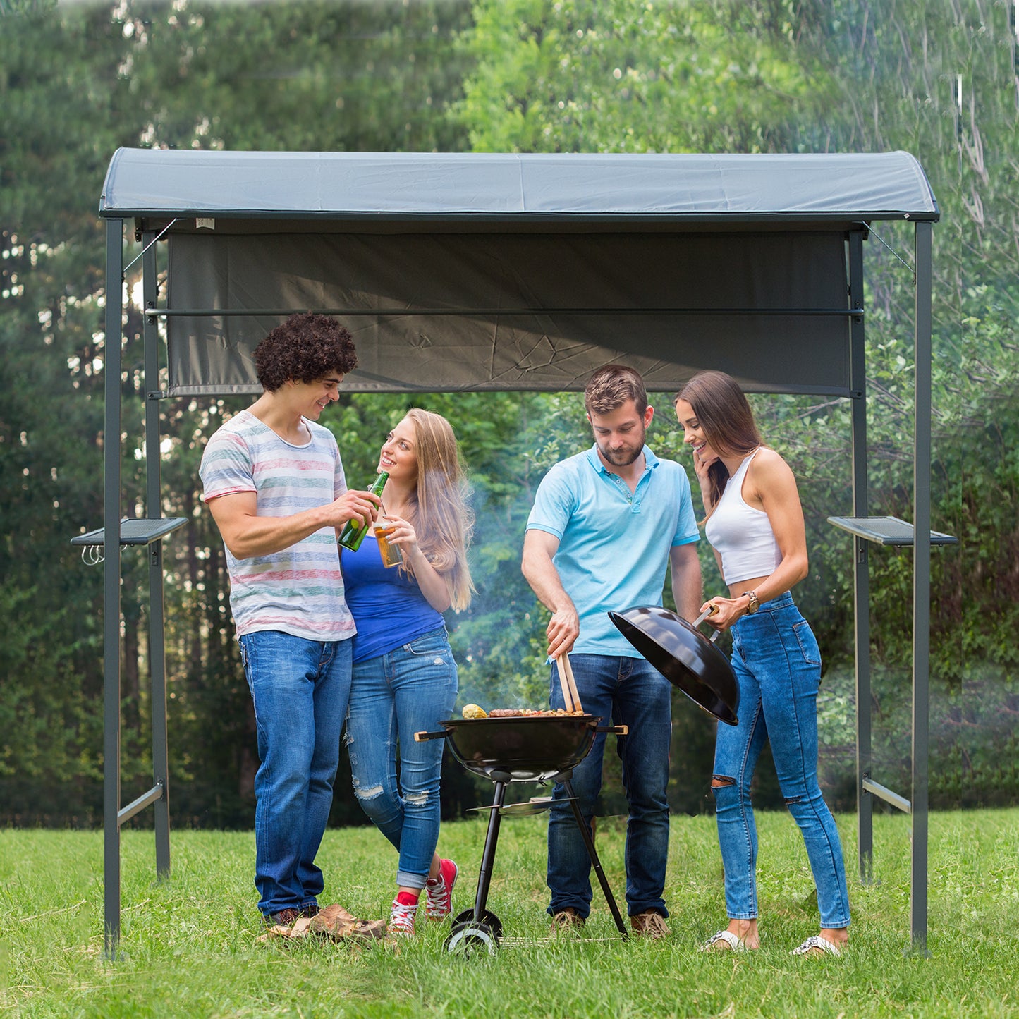 Outsunny Grillpaviljoen met vlamvertragend dak, BBQ-paviljoen met 2 planken, polyester, zwart, 218 x 138 x 216 cm