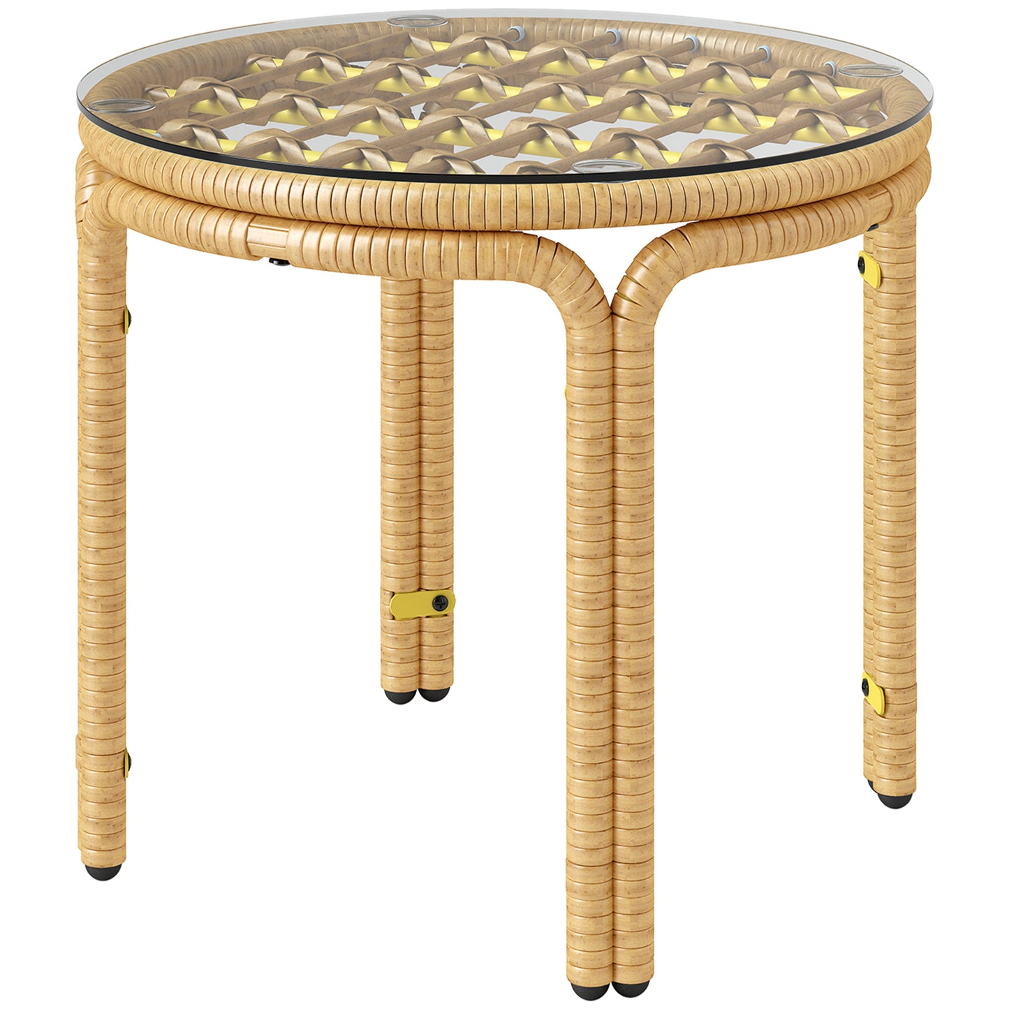 Outsunny polyrattan bijzettafel, ronde salontafel met glazen blad, nachtkastje Ø50 cm, geel
